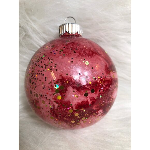 Christmas Ornament Red & Pink Swirl Globe Hand-Painted Marbled Glitter - Picture 1 of 8